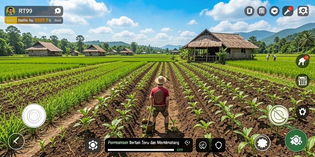 Tampilan antarmuka permainan RT99 yang menarik dan sesuai tema pertanian.